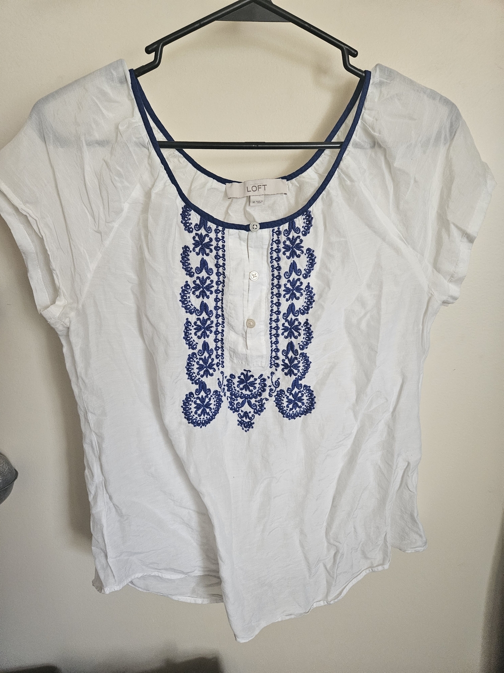 LOFT White Short-Sleeve Blouse with Navy Embroidery